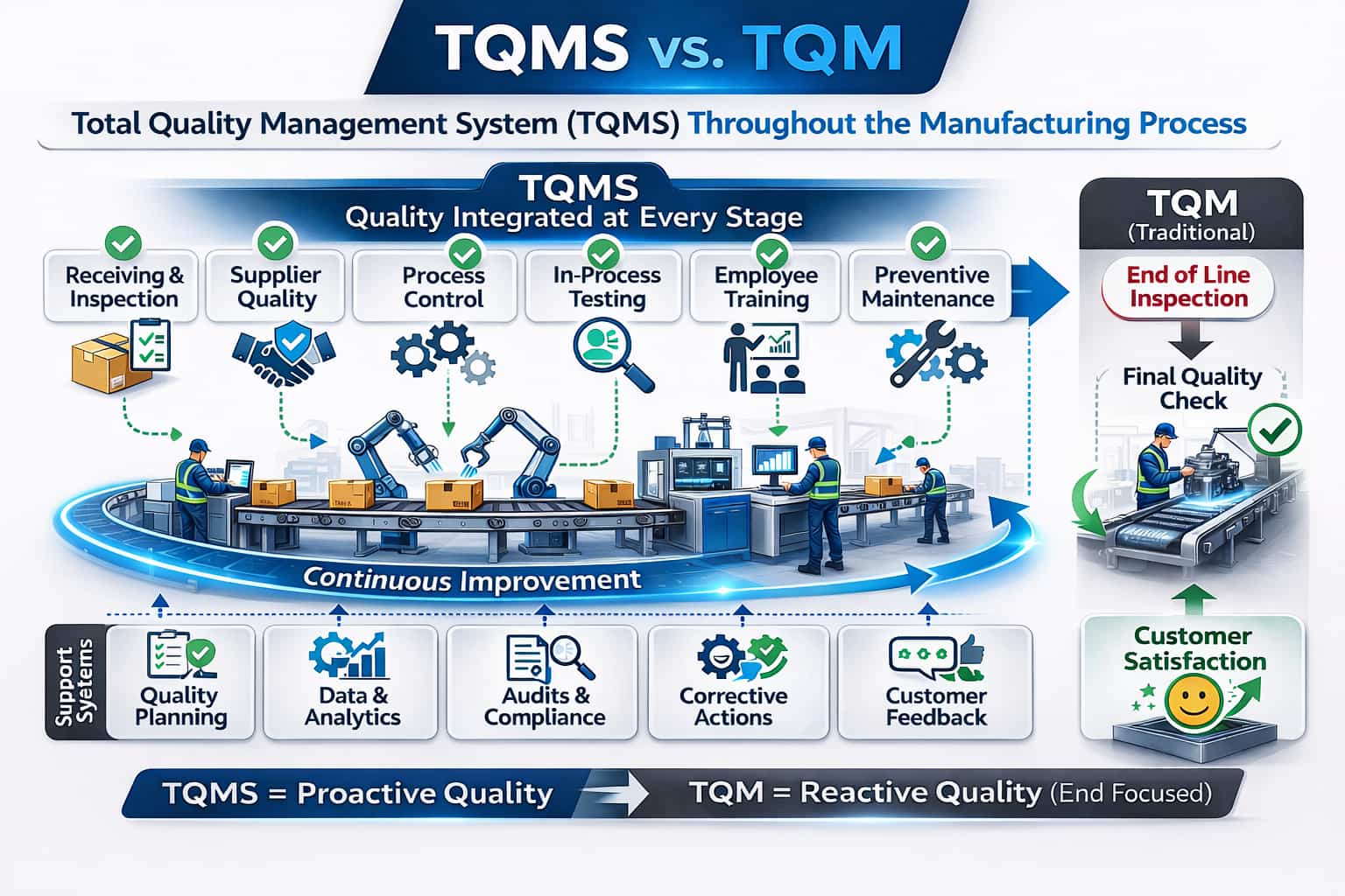 TQMS integrates quality checks at every stage of the manufacturing process — receiving and inspection, supplier quality, process control, in-process testing, employee training, and preventive maintenance — supported by quality planning, data and analytics, audits and compliance, corrective actions, and customer feedback, in a continuous improvement loop. Traditional TQM instead relies on end-of-line inspection and a final quality check after production, catching issues only after the fact. TQMS is proactive; TQM is reactive and end-focused.